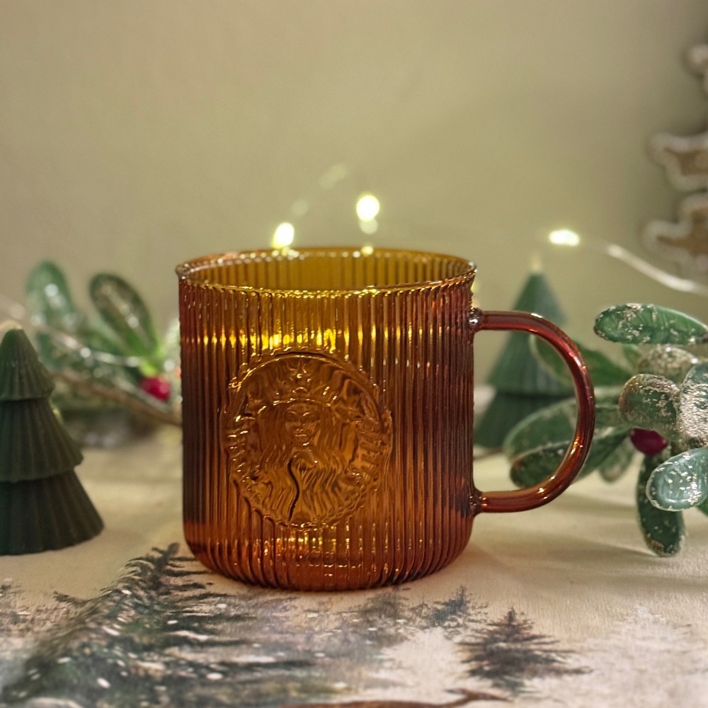 Starbucks Amber Ribbed Glass Cup